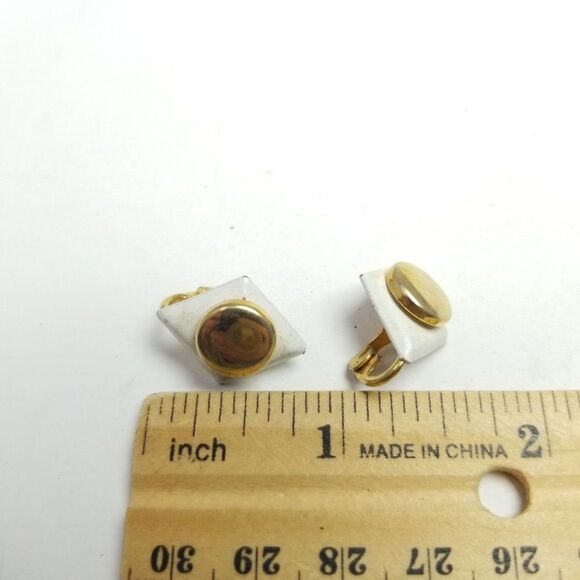 Vintage White and Gold Tone Diamond Shape Clip On earrings with Button Center - Picture 3 of 6